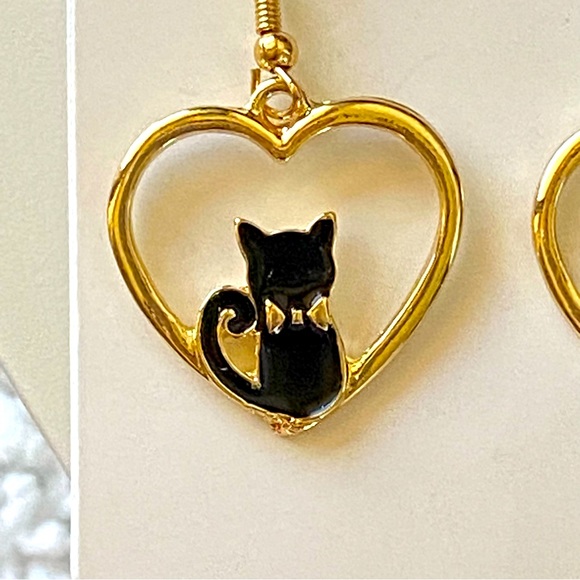 Gold Black Cat Silhouette Heart Frame Drop Dangle Earrings New! - Picture 3 of 6